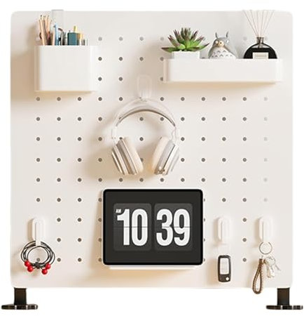 Lochplatte Schreibtisch, Peg Boards Panel Werkzeug Aufbewahrungsset, Pegboard Metall mit Höhenverstellbarer Basis, für Büro, Gaming, Zuhause, Ohne Bohren(White,40x40cm)