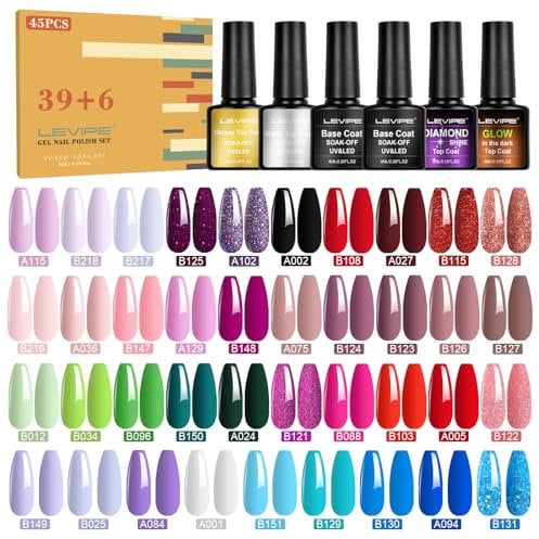 LEVIPE 45 PCS Smalto Semipermanente, 39 Colori + 2 Basi +1 Smalto Lucido +1 Smalto Opaco +1 Smalto Diamante +1 Smalto Fluorescente, Set Gel Smalto UV LED