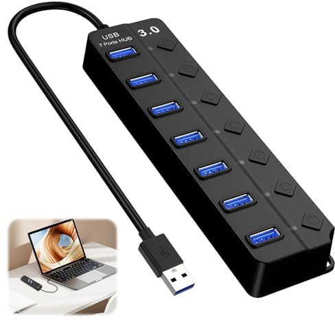 Hub USB 3.0 a 7 porte con interruttori e luci individuali Hub dati ad alta velocità Adattatore USB multiplo Estensione Splitter USB portatile con cavo esteso da 3 m per PC Laptop Flash Drive Stampanti