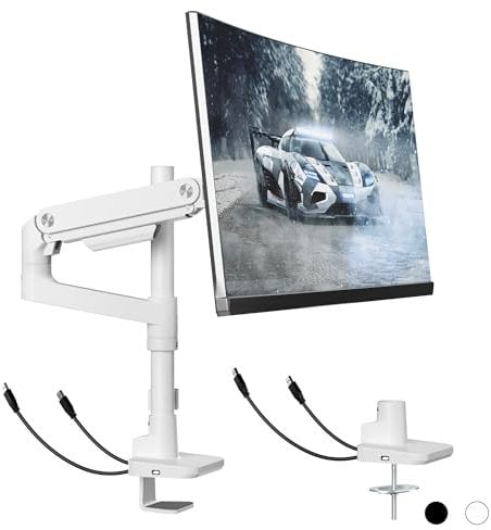 ARES WING Soporte Monitor con Puertos USB, Brazo Monitor para Pantallas Planas y Curvas de 17-49, Soporte Escritorio Carga máx. 20 kg, VESA 75/100 mm, Blanco
