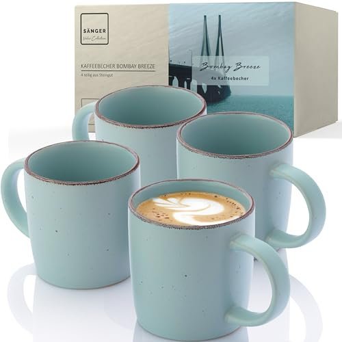 SÄNGER Bombay Breeze | Kaffeebecher 4 teilig, Steingut Tassen Set für 4 Personen, Tassen, spülmaschinen- mikrowellenfest, Coffee Mug Teetasse, Kaffeetassen blau 360 ml | VALUE COLLECTION