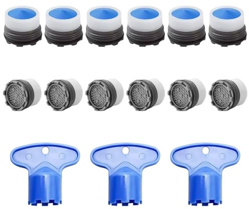 VEGCOO 15 Piezas Aireador Grifo Lavabo M18.5 M16.5, Aireador Grifo Cocina con 3 Llave Filtro, Filtro Grifo Boquilla Fregadero para Cocina y Baño (Azul, M16.5)