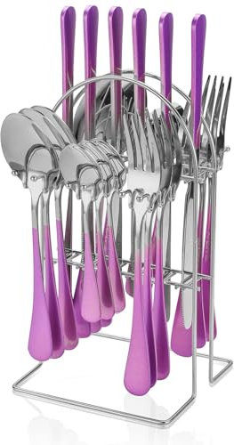 AVEKI Cutlery Set, 24 Pieces Stainless Steel Silverware Set with Holder, Flatware Set for 6 Person Tableware Set Includes Dinner Knives Forks Spoons Teaspoons, Mirror Polished (Purple Silver)