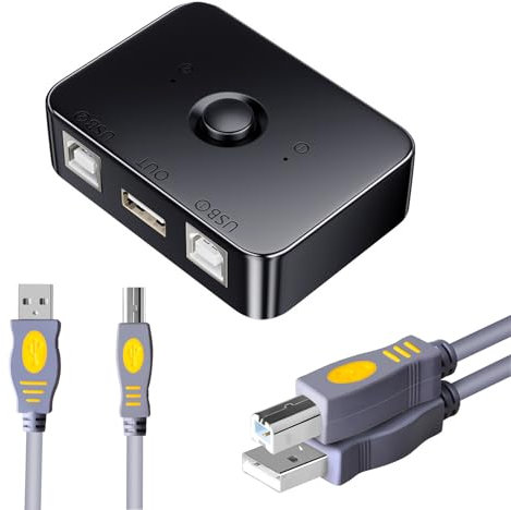 Xinlie Commutatore USB 2.0 Condivisione Stampante - 2 Porte USB B, Collegamento 2 PC a 1 Stampante, Switch Manuale con LED, Include 2 Cavi USB 2.0 da 1.5m (Compatibile Windows/MacOS)