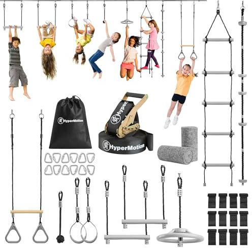 HyperMotion Percorso Ostacoli Bambini Set Ninja con 9 Attrezzi - Kit Slackline con Ruote, Aste e Scala per Allenamento - Resistente fino a 113 kg - Attrezzatura Giardino per Famiglia