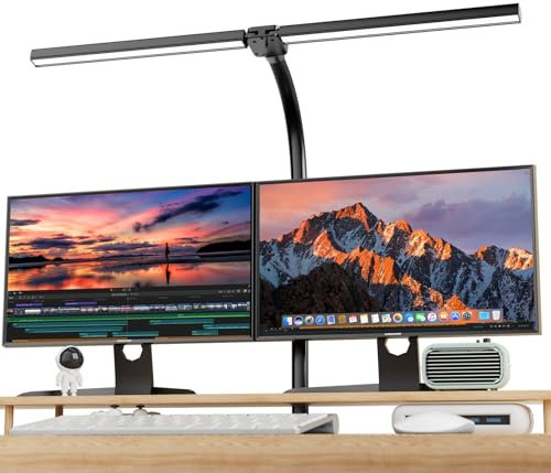 EUARY 1300LM Doppelkopf Schreibtischlampe(Grau Schwarz LED Dimmbar Fernbedienung, 24W 80CM Klemmbare Monitor Lampe Tischlampe Tageslichtlampe