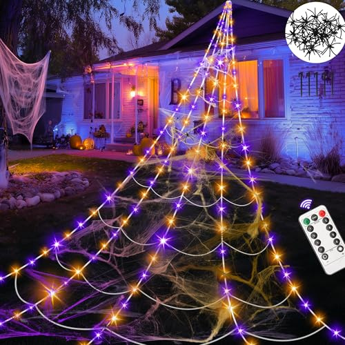 Bulablu 5M Spinnennetz Halloween Deko Outdoor, 150 LED Riesen Halloween Lichterkette mit Fernbedienung, 8 Lichtmodi &Timer, für Indoor Hof Garten Party Deko