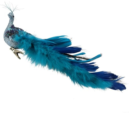 Künstlicher blauer Pfauen-Weihnachtsbaumschmuck, gefiederte Vogel-Dekoration mit glitzernden Akzenten und Metallclip für festliche Dekoration