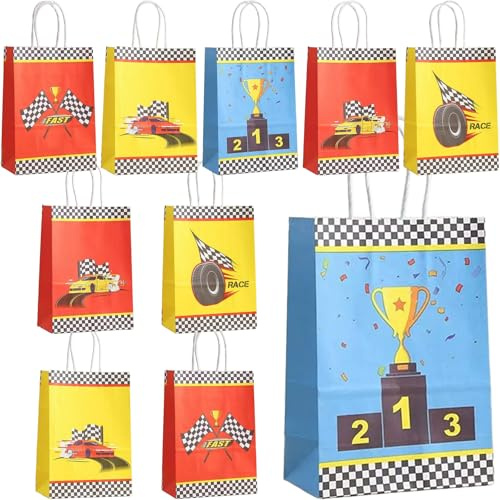 Bikasun 10 Stück Rennwagen Geschenktüte mit Griffen, Auto Papiertüten | Party Süßigkeiten Geschenk Racing Car Geschenktüten Candy Tüten Mitgebsel Geburtstags Geschenktaschen, Blau Rot Gelb