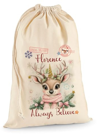 AIGAT Personalisiertes Individuelles Niedlich Rentier Weihnachts Geschenk Sack Tasche Beliebiger Name | Natürlicher Baumwollsack Extragroß XL mit Starkem Kordelzug - Immer Glauben
