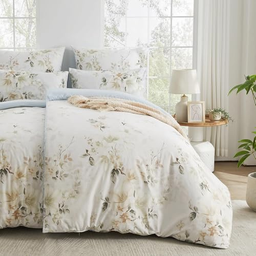 Qucover Bettwäsche 200x200,Sommer Bettwäsche 3teilig mit 2 Kissenbezüge 80x80 cm mit Reißverschluss, Landhausstil mit Blätter Blumen Pflanzen, Weiße Blumen, Mikrofaser