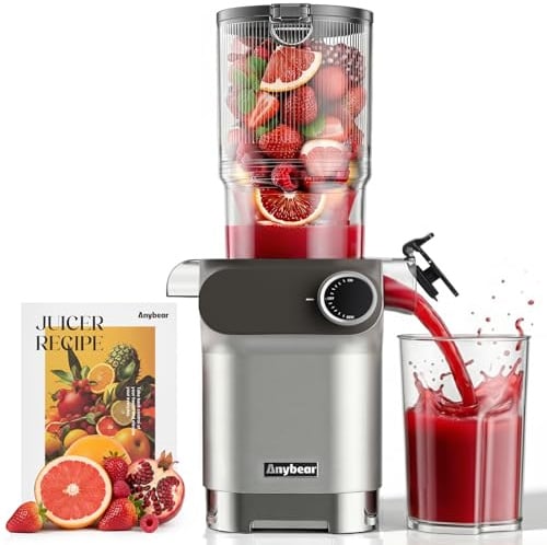 Anybear Cold Press Juicer, 200W Masticating Slow Juicer 4.3 Large Feed Chute Fit Whole Fruits Vegetables | Upgraded Auger | Tritan Materials | BPA Free | Juice Recipes (Silver)