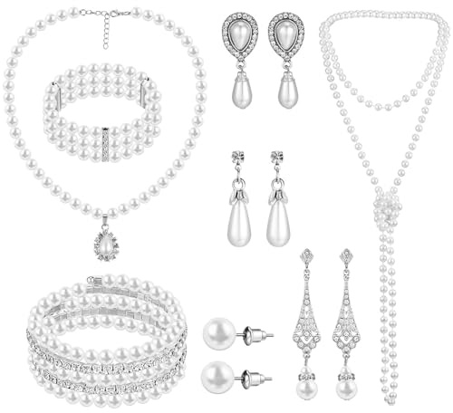 Vauki Perlen Kostüm Outfits Damen - Perlenkette Armband Ohrringe, Kunstperlen Halskette Strass-Ohrringe und Mehrlagiges Perlenarmband, 1920er Accessoires Set für Frauen und Mädchen
