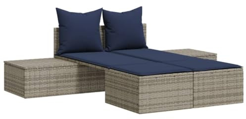 vidaXL Doppel Sonnenliege mit Kissen, Sonnenbett mit abnehmbaren Bezügen, Gartenliege mit Stahlrahmen, Outdoor Liege Garten Tagesbett, Grau Poly Rattan