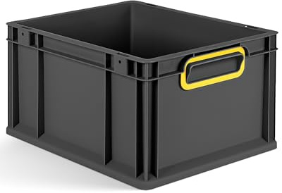 aidB Eurobox NextGen 2.0 Cycle - 400x300x220mm – 20L Aufbewahrungsbox aus recyceltem Material - Stapelbare Lagerbox in Anthrazit – geschlossene Griffe - Industriequalität - inkl. ColorClips in Gelb