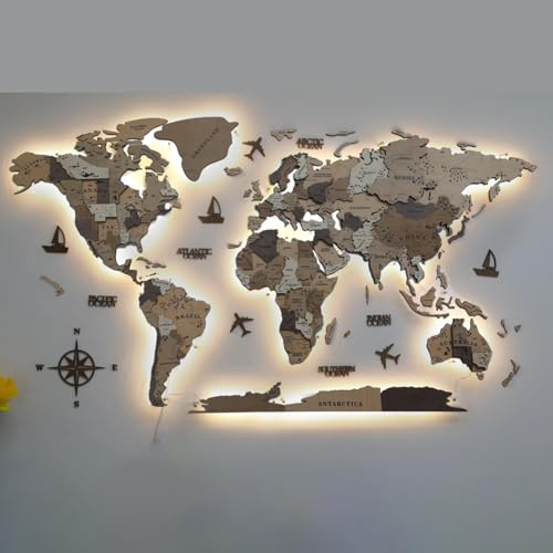 3D LED Holz Weltkarte Wandkunst Extra Groß Beleuchtet Acryl Wandbild Moderne Reise Dekor Beleuchtete Wanddekoration für Zuhause und Büro