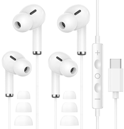 2 Pack Auriculares con Cable para iPhone 17 16 15 Pro Max, Auriculares USB C con Micrófono y Control Remoto, Cancelación Ruido Auriculares con Cable Tipo C para Galaxy S24 S23 S22 S21 Ultra, Pixel 8 9