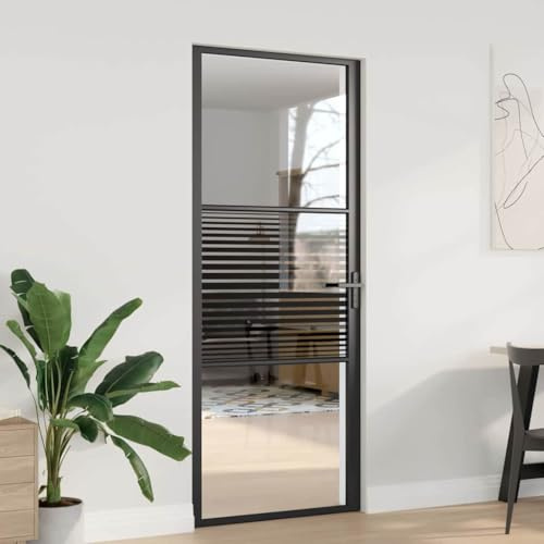 Kaloriko Puerta de cristal a rayas negras con marco de aluminio, 83 x 201,5 cm, para interiores, incluye cerradura, moderno marco de puerta para vivienda, puerta de entrada y entrada lateral con