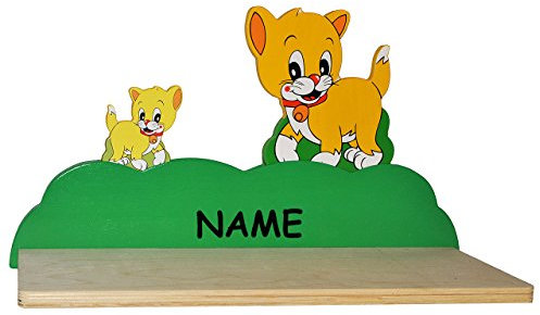 alles-meine.de GmbH Wandregal aus massiven Holz - Katze/Kätzchen incl. Name -für Kinder Kinderregal/Bücherregal/Hängeregal/Regal Tier - Katzen - Kinderzimmer Wandboard - ..