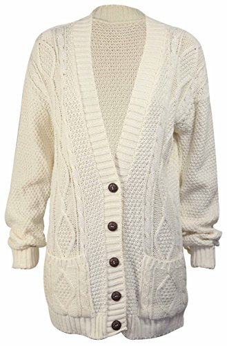 New Womens Everyday Long Sleeve Button Top Ladies Chunky Aran Cable Knit Grandad Cardigan Cream Size 12 - 14