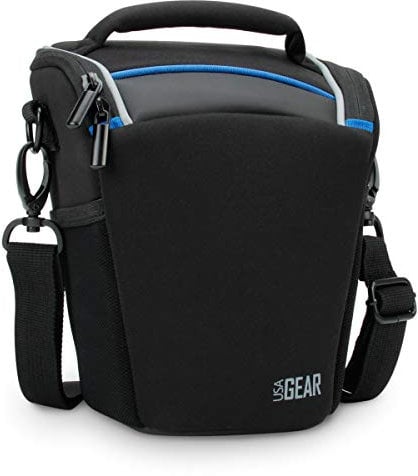 USA Gear Kameratasche für Spiegelreflexkameras - Colttasche mit Verstellbarem Schulterriemen, Abnehmbarem Regenschutz und Wetterfesten Unterseite für Optimalen Schutz Ihrer SLR, DSLR - Schwarz