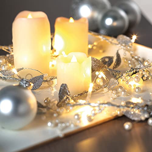 HELLUM 520071 LED-Lichterkette mit silbernen Blättern und Kugeln, batteriebetrieben