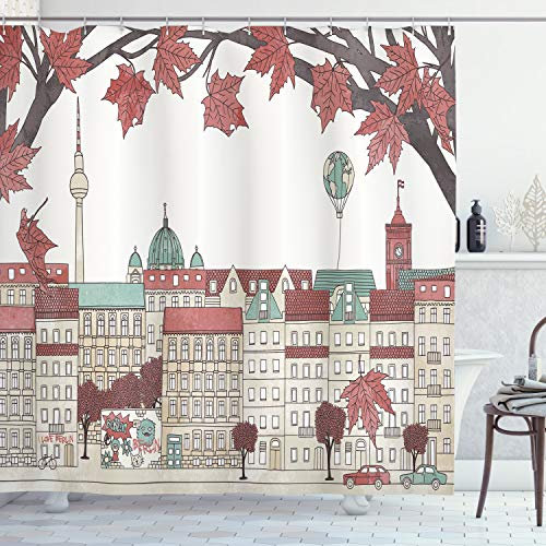 ABAKUHAUS Deutsche Duschvorhang, Herbstsaison in Berlin, Stoffliches Gewebe Badezimmerdekorationsset mit Haken, 175 x 220 cm, Hell Rubine Beige