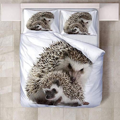 JKCloth Bettbezug Set mit 2 Kissenbezug 3D Igel Mutter und Kind Baumwollstoff Bettwäsche Cover Set 3 Stück Einzelbett Bettbezug - 140x200cm