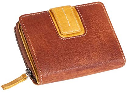 MIKA 42183 - Damengeldbörse aus Echt Leder, Portemonnaie im Hochformat, Geldbeutel mit 9 Kartenfächer, 4 Einschubfächer, 2 Scheinfächer und Münzfächer, Brieftasche braun/gelb, ca. 13 x 9,5 x 3,5 cm