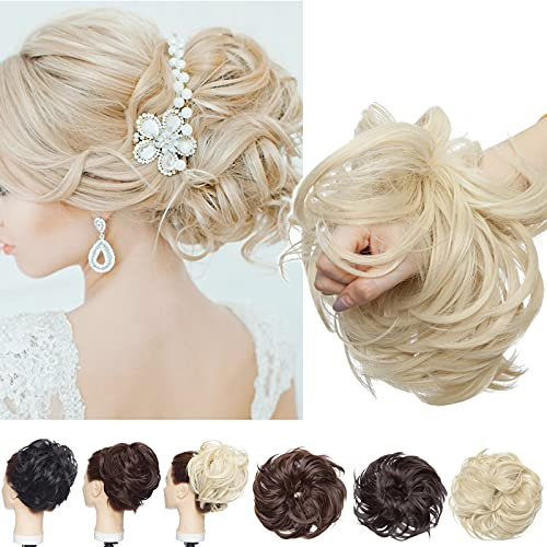 1PCS Thick Chignon Donut Ponytail Hairpiece Synthetic - 80G With Elastic Rubber Band - large Messy Bun Hair Extension Wavy, Bleach Blonde
