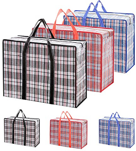 JOLIGAEA Borse Plastica con Cerniera, Confezione da 6 Organizzatore Pieghevole Con Cerniera, Riutilizzabili Porta Abiti Grande Con Manico, per Stoccaggio, Lo Shopping (60*50*20CM, Rosso, Nero, Blu)