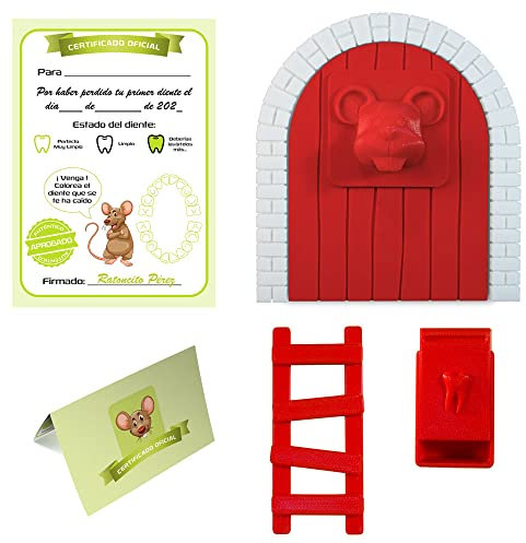Myfuturshop® Ratoncito Pérez Puerta mágica, Caja para el Diente, Escalera, 4 certificados de Diente Limpio. Regalo Original para niño y niña. ROJO