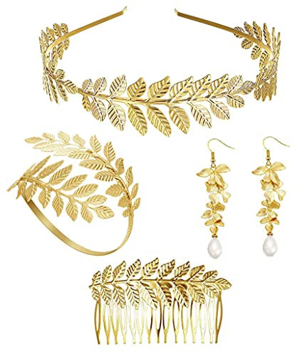 JeweBella 4 Stück Griechische Göttin Kostüm Schmuck Set Damen Gold Römischer Lorbeerblatt Krone Stirnbänder Armband Armreif Oberarm Perle Baumeln Ohrringe Hochzeit Braut Kopfschmuck Toga Party
