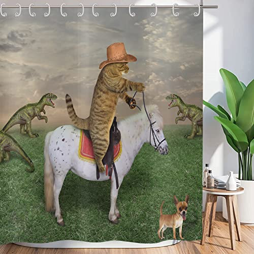 ASDCXZ Duschvorhang Lustig 180x200 cm, West Cowboy Bauernhof Lustig Katze Fahrt Pferd Waschbar Textil Badezimmer Vorhänge Polyester Wasserdicht Duschvorhänge für Badewanne mit 12 Duschvorhang Hake