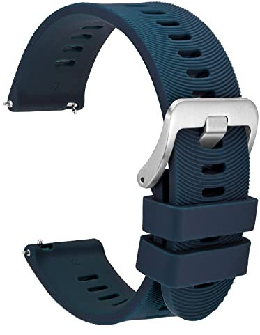 WOCCI 22mm Bracelet de Montre pour Homme à Rayures Arquées, Silicone Bande à Dégagement Rapide, Boucle Argentée (Bleu Foncé)