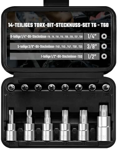 Mr.wintek Torx Bit Steckschlüsselsatz, 14-teiliger Stern T6 - T60 Bit Satz, 1/4 3/8 1/2 Antrieb, Premium S2 Alloy Steel Bits, Cr-V Steckschlüssel, verbesserter Aufbewahrungskoffer