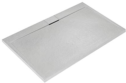 Ideal Standard - Ultra Flat S i.life, Piatto doccia rettangolare 200x90 in resina, Piletta di scarico lato lungo, Finitura opaca effetto pietra, Grigio cemento