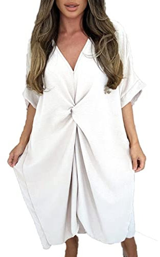 Women’s Ladies V-Neck Knot Twist Short Sleeve Baggy Oversized Loose Fits Smock Midi Casual Longline Summer Dresses for Women White 12-24