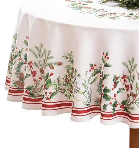 Elrene Home Fashions Winter Holiday Berry Bordered Tablecloth, Decorative Christmas Table Cover, 60 X 84, Oval, Multi Color