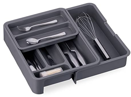 Relaxdays Cubertero Extensible Cajón, Clasificador Cubiertos Plástico 7 Espacios, Organizador 6,5x23,5-40x31,5cm, Gris