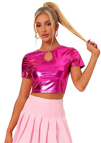 Allegra K Damen Metallic Crop Top Schlüsselloch Kurzarm Party Glitzer Holographic Bluse Rosenrot L