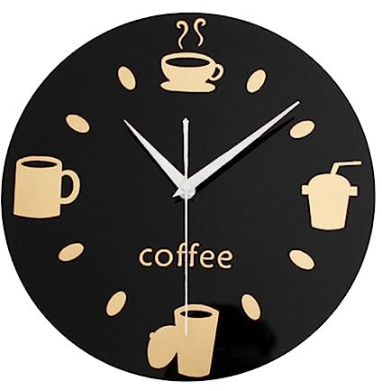 HOOTNEE Coffee Cup Wall Clock Kitchen Wall Clock Home Round Acrylic Coffee Cup Pattern Acrylic Hanging Mute Wall Sticker 3D