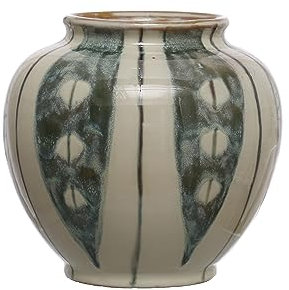 Bloomingville 22,9 cm runde handbemalte Steinzeug-Streifen und reaktive Glasur, cremefarbene und grüne Vase