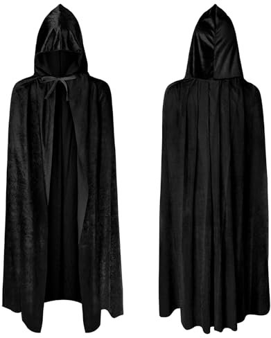 AOOWU Schwarzer Umhang, Mittelalter Umhang Kapuzenumhang, Junge,Mädchen Halloween Umhang mit Kapuze, Umhang kostüm Cape Satin, Umhang Kostüm Mantel für Halloween Weihnachten Karneval Kostüm