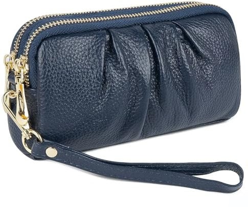 MAVHVAM Genuine Leather Wristlet Wallet for Women Stylish Ruched Wristlet Clutch Purse with Detachable Wrist Strap Blue