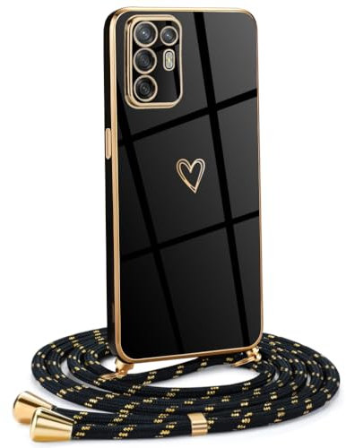 Mkej Coque pour Oppo A94 5G avec Cordon de Collier, Coque avec Cordon Motif Coeur d'amour TPU Housse, Collier RéglableTéléphone Portable Lanyard Case Oppo A94 5G, Or Noir