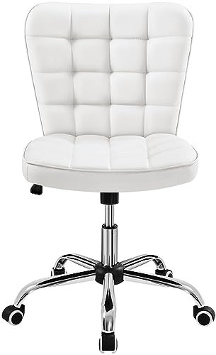 Yaheetech Armless Desk Task Chair Mid-back Office Chair Faux Leather Computer Chair with Adjustable Seat Height, Metal Base and Rolling Wheels for Home/Office White