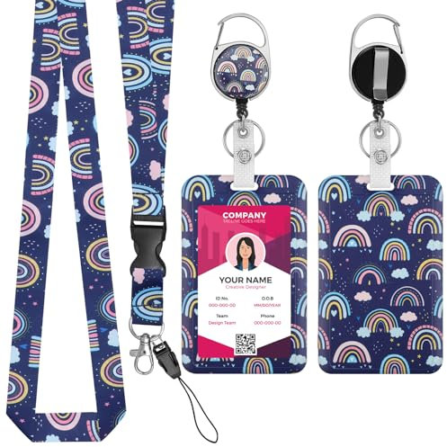 Amaxiu Regenbogen Boho Ausweishalter mit einziehbarem Rollenclip und Umhängeband Vertikaler Ausweisschutz Visitenkartenetui aus Kunststoff für Lehrer Krankenschwester Arzt(A)