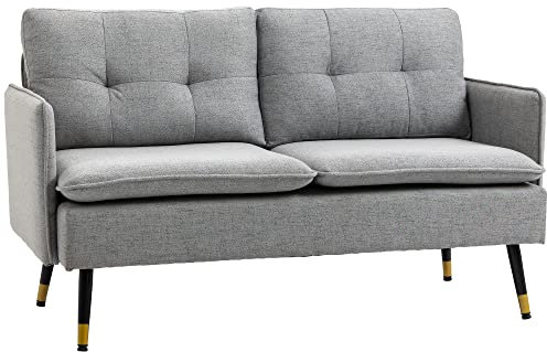 HOMCOM Modern Two Seater Sofa, Button Tufted Loveseat with Cushions and Steel Legs for Living Room, Guest Room, Grey
