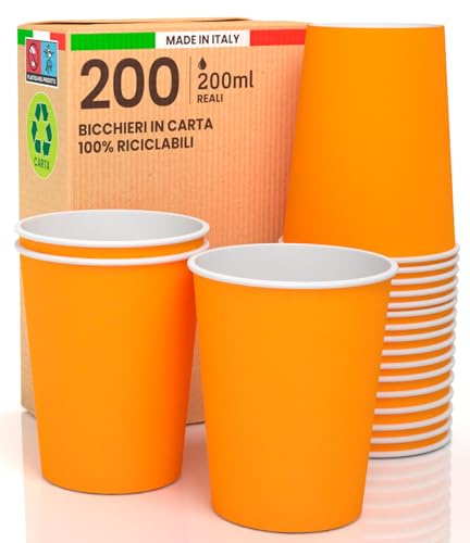 Baciato Caffè 200 Bicchieri in Carta 200ml Ecologici Biodegradabili Monouso Made in Italy Asporto Bevande Calde Acqua Colorati ARANCIONE Prodotto e Confezionato in Italia